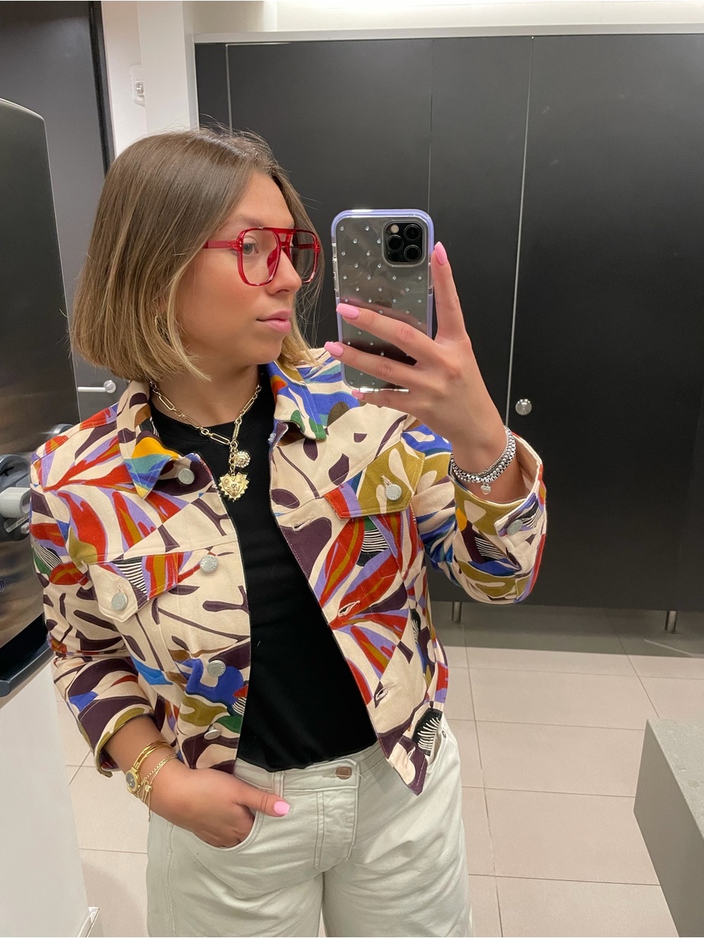 Avec Les Filles Multicolor Abstract Print Jean Jacket